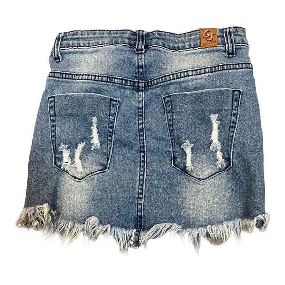 Gogo Jeans Mini Skirt Juniors Size 1 Button Fly Distressed Stretch Frayed Holes - Picture 2 of 5
